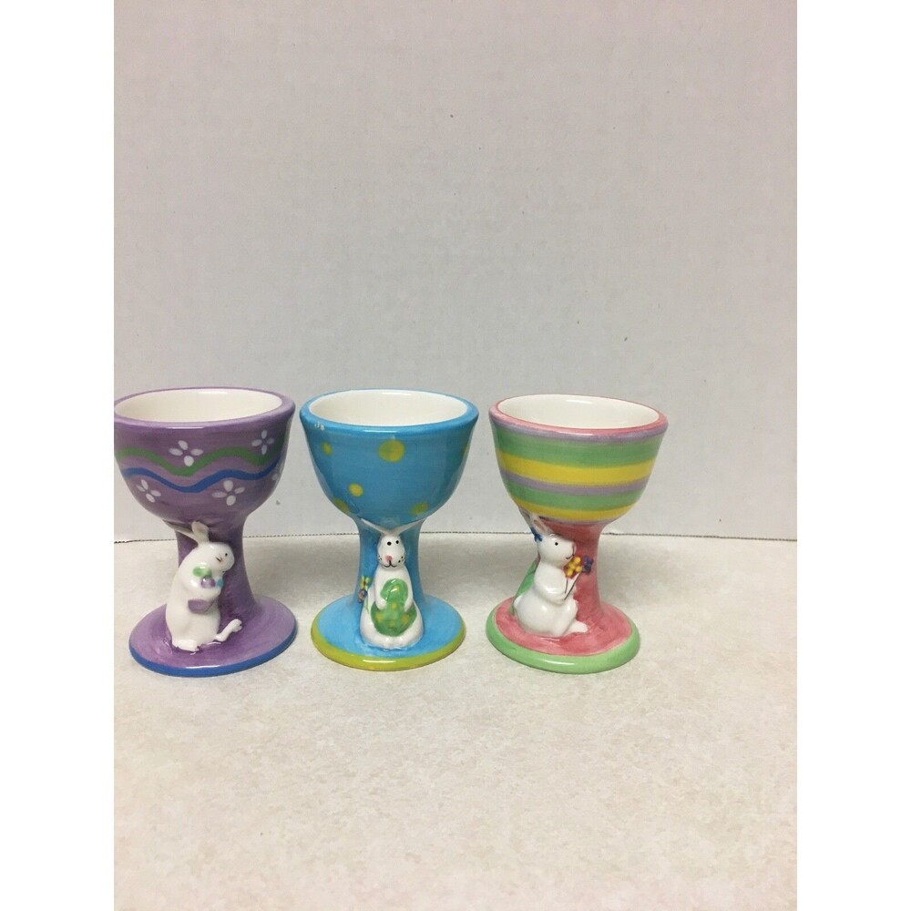 3 Porcelain Ceramic Egg Cup Holder Bunny Easter Eggs Spring Time Fun